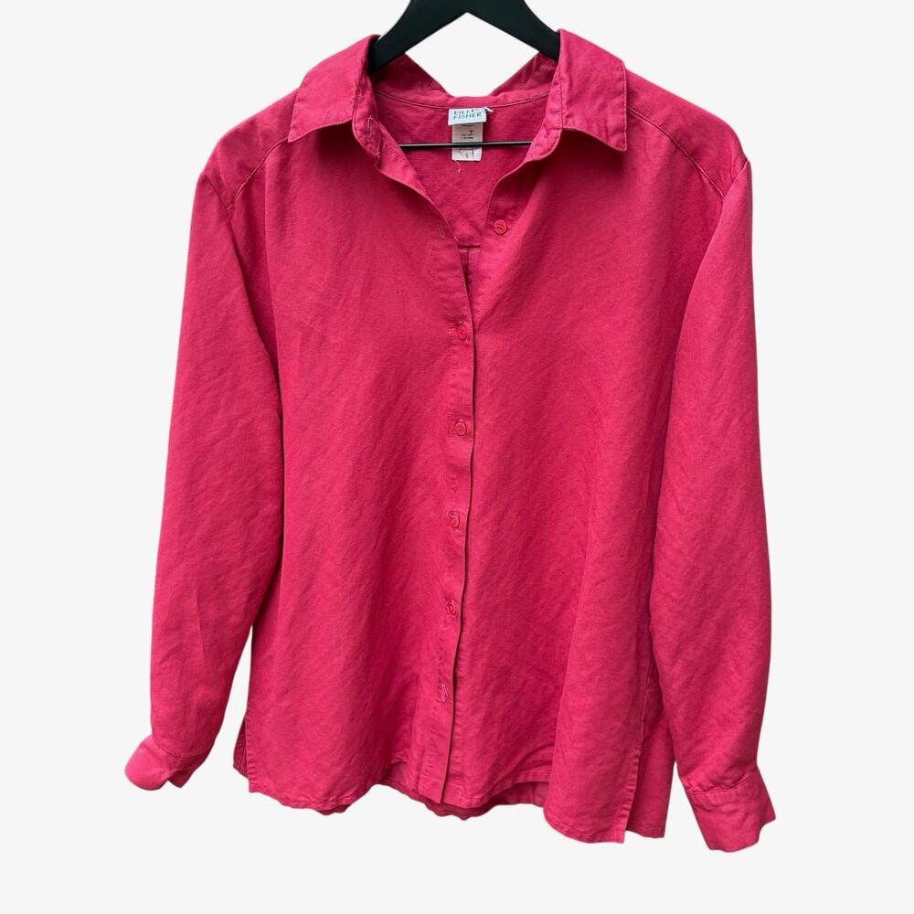 Eileen Fisher Top Linen Blend Long Sleeve Button Up Shirt Coral Womens Sz Small